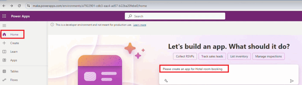 Power Apps Copilot Prompt to Create App